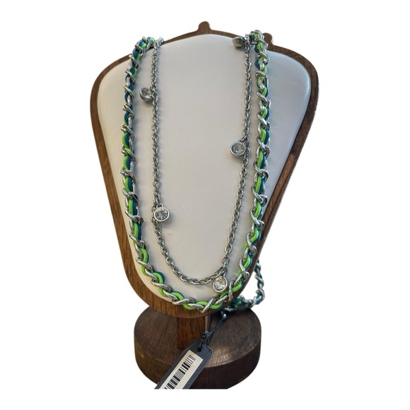 NWT Ann Taylor Necklace Layered Crystal Stations Green Blue Braided Chain 34" - Picture 4 of 7